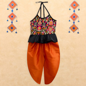 Taj Floral Black Peplum Halter Top with Orange Dhoti Pants Set