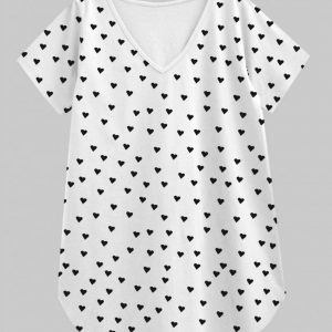 Black-White Heart Print V-Neck Women
